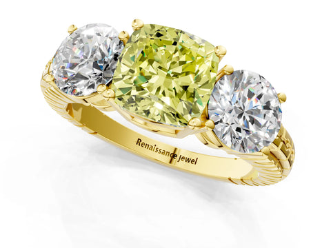 Yellow gold Three-Stone Fancy Yellow Cushion Cut Cut Diamond Ring with Channel-Set Band and Prong Setting_1