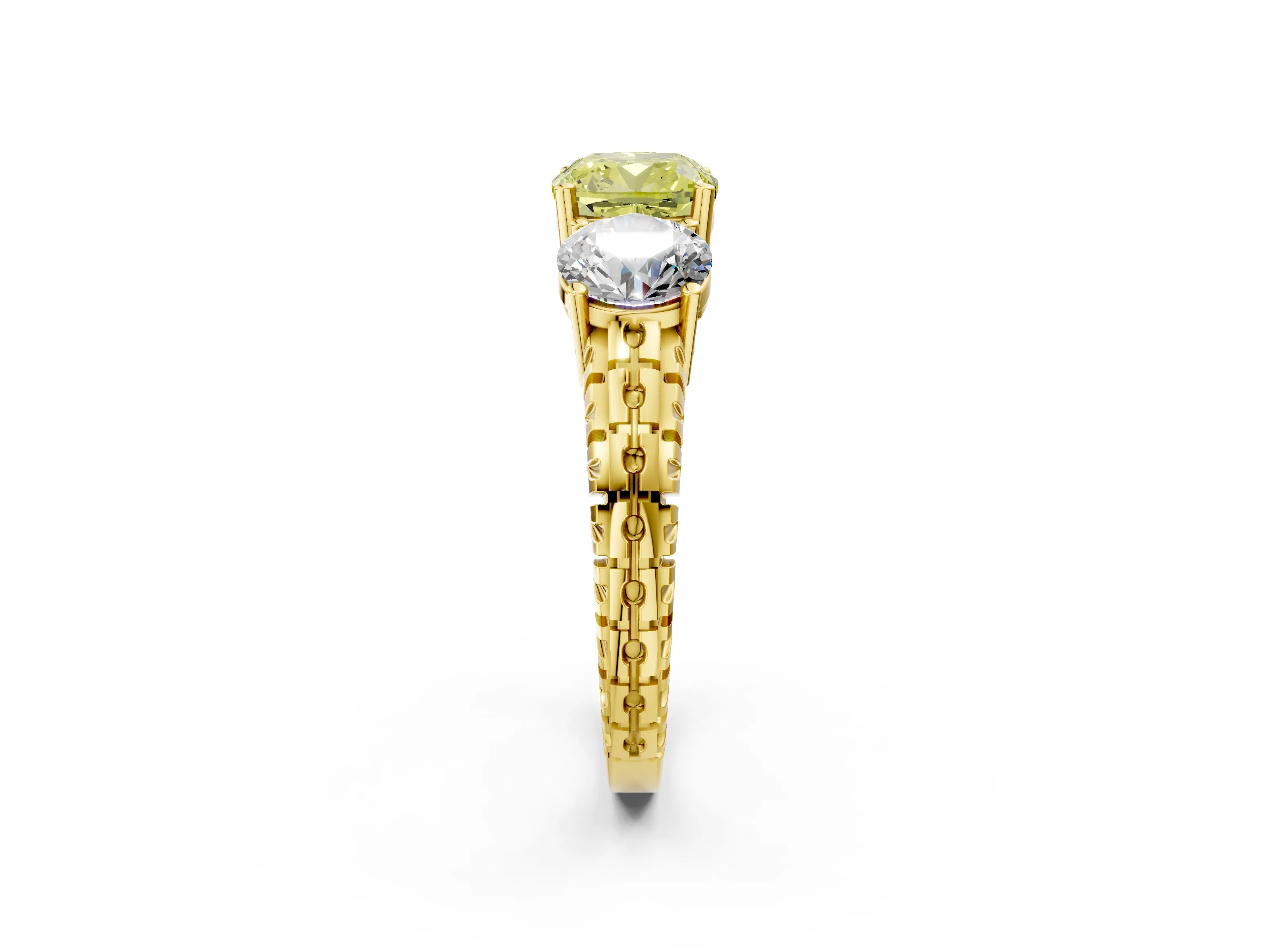 Yellow gold Three-Stone Fancy Yellow Cushion Cut Cut Diamond Ring with Channel-Set Band and Prong Setting_2