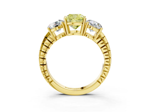 Yellow gold Three-Stone Fancy Yellow Cushion Cut Cut Diamond Ring with Channel-Set Band and Prong Setting_3