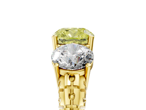 Yellow gold Three-Stone Fancy Yellow Cushion Cut Cut Diamond Ring with Channel-Set Band and Prong Setting_5