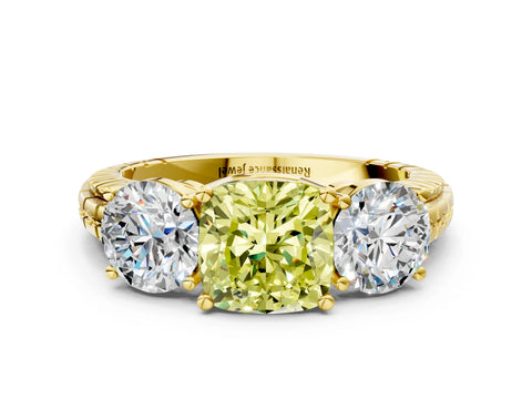 Yellow gold Three-Stone Fancy Yellow Cushion Cut Cut Diamond Ring with Channel-Set Band and Prong Setting