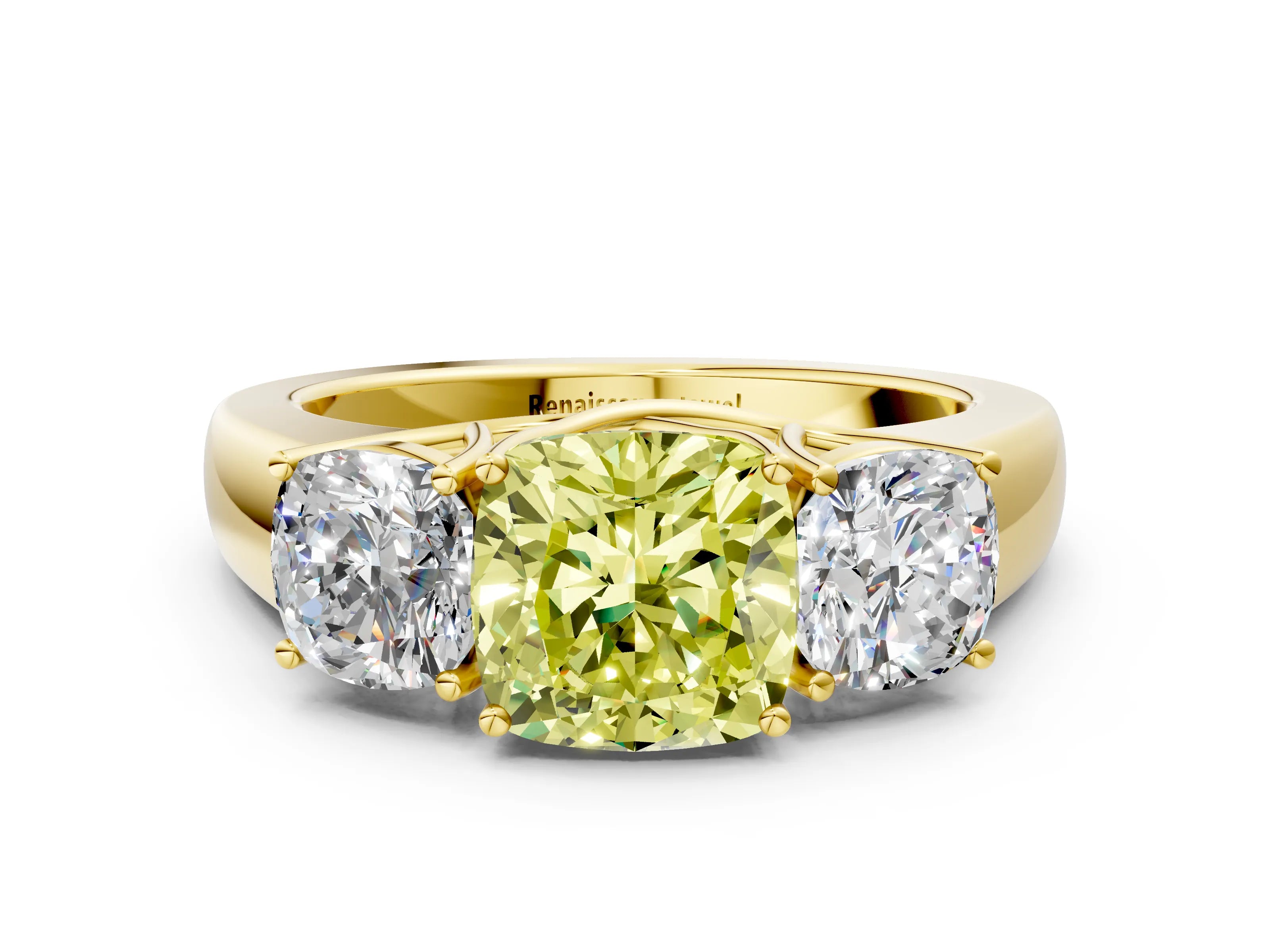 Yellow gold Three-Stone Fancy Yellow Cushion Cut Cut Diamond Ring with Prong Setting and Classic Band