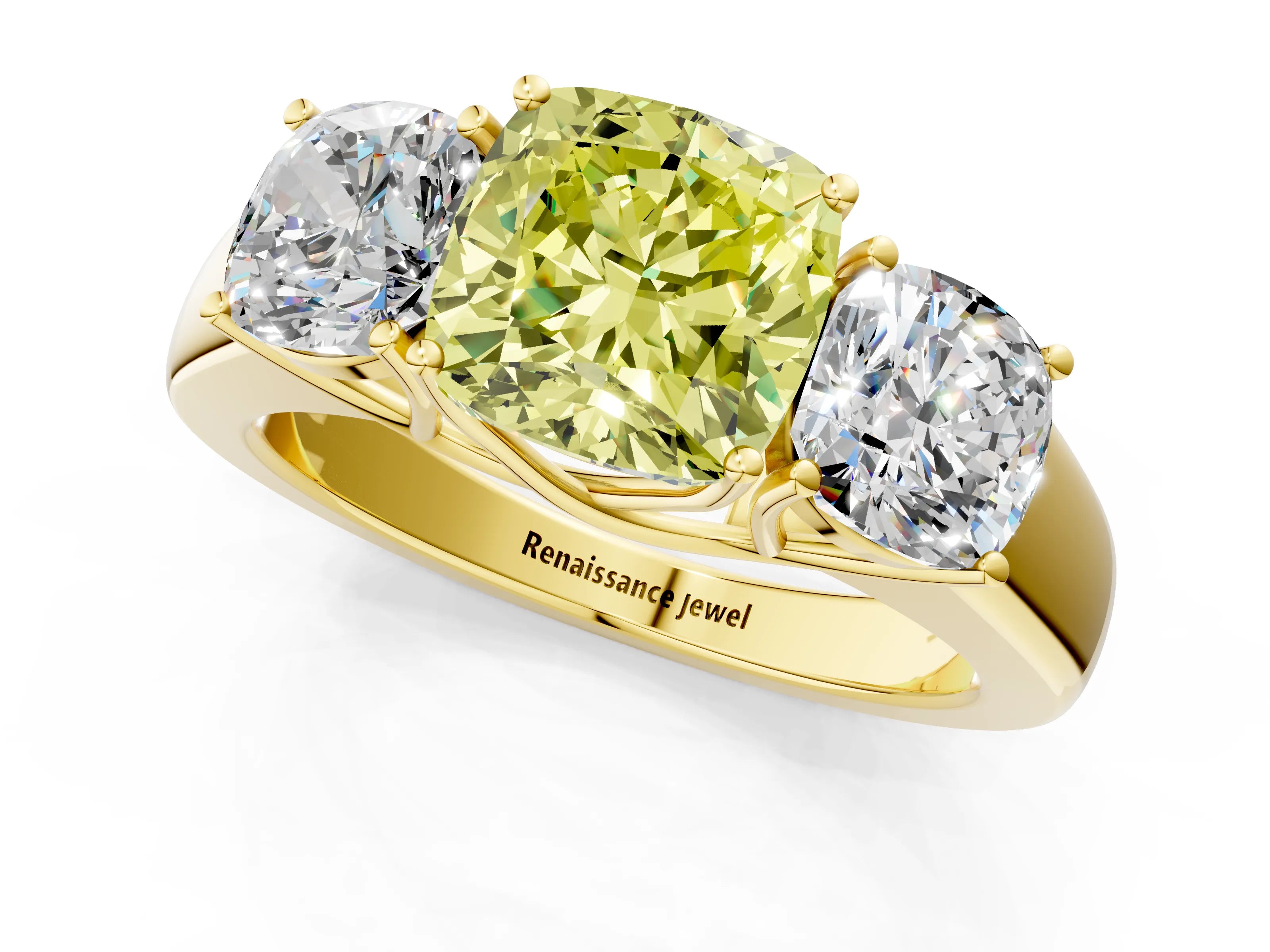 Yellow gold Three-Stone Fancy Yellow Cushion Cut Cut Diamond Ring with Prong Setting and Classic Band_1