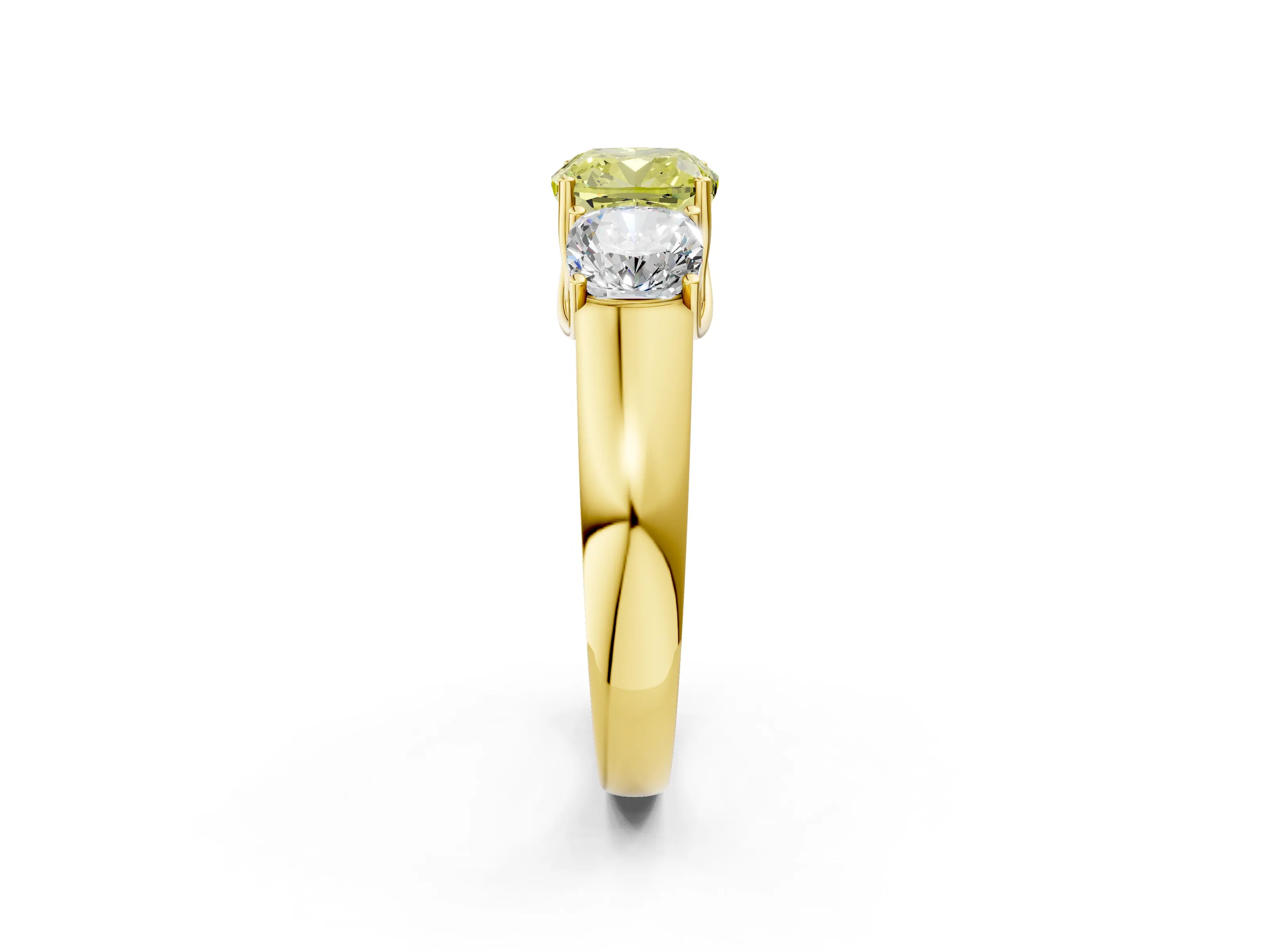 Yellow gold Three-Stone Fancy Yellow Cushion Cut Cut Diamond Ring with Prong Setting and Classic Band_2