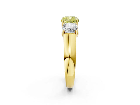 Yellow gold Three-Stone Fancy Yellow Cushion Cut Cut Diamond Ring with Prong Setting and Classic Band_2