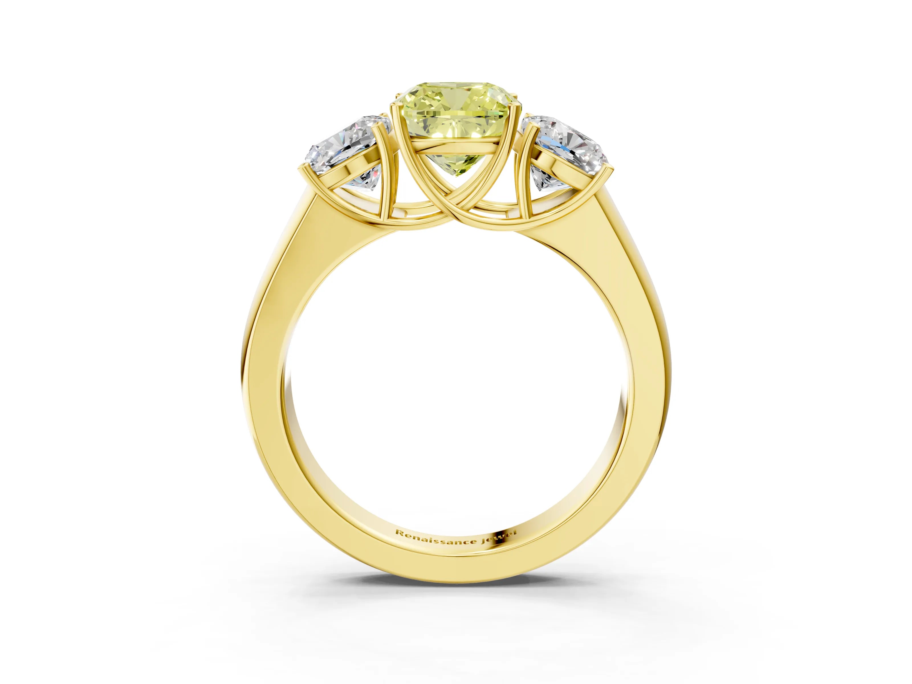 Yellow gold Three-Stone Fancy Yellow Cushion Cut Cut Diamond Ring with Prong Setting and Classic Band_3
