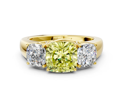 Yellow gold Three-Stone Fancy Yellow Cushion Cut Cut Diamond Ring with Prong Setting and Classic Band