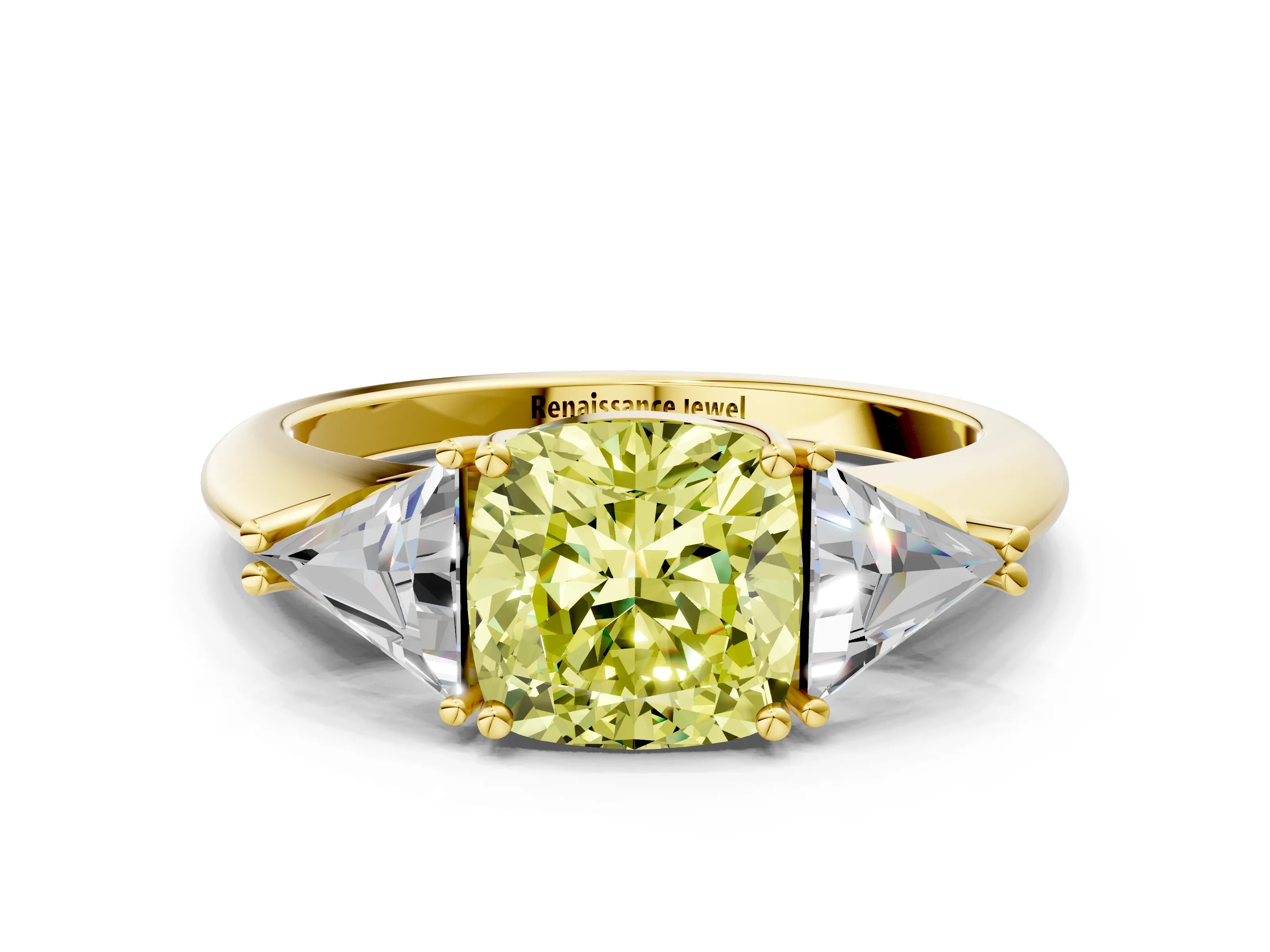 Yellow gold Three-Stone Fancy Yellow Cushion Cut Cut Diamond Ring with Trillion Side Stones and Four-Prong Setting_3