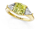 Yellow gold Three-Stone Fancy Yellow Cushion Cut Cut Diamond Ring with Trillion Side Stones and Four-Prong Setting_4