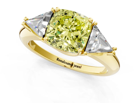 Yellow gold Three-Stone Fancy Yellow Cushion Cut Cut Diamond Ring with Trillion Side Stones and Four-Prong Setting_4