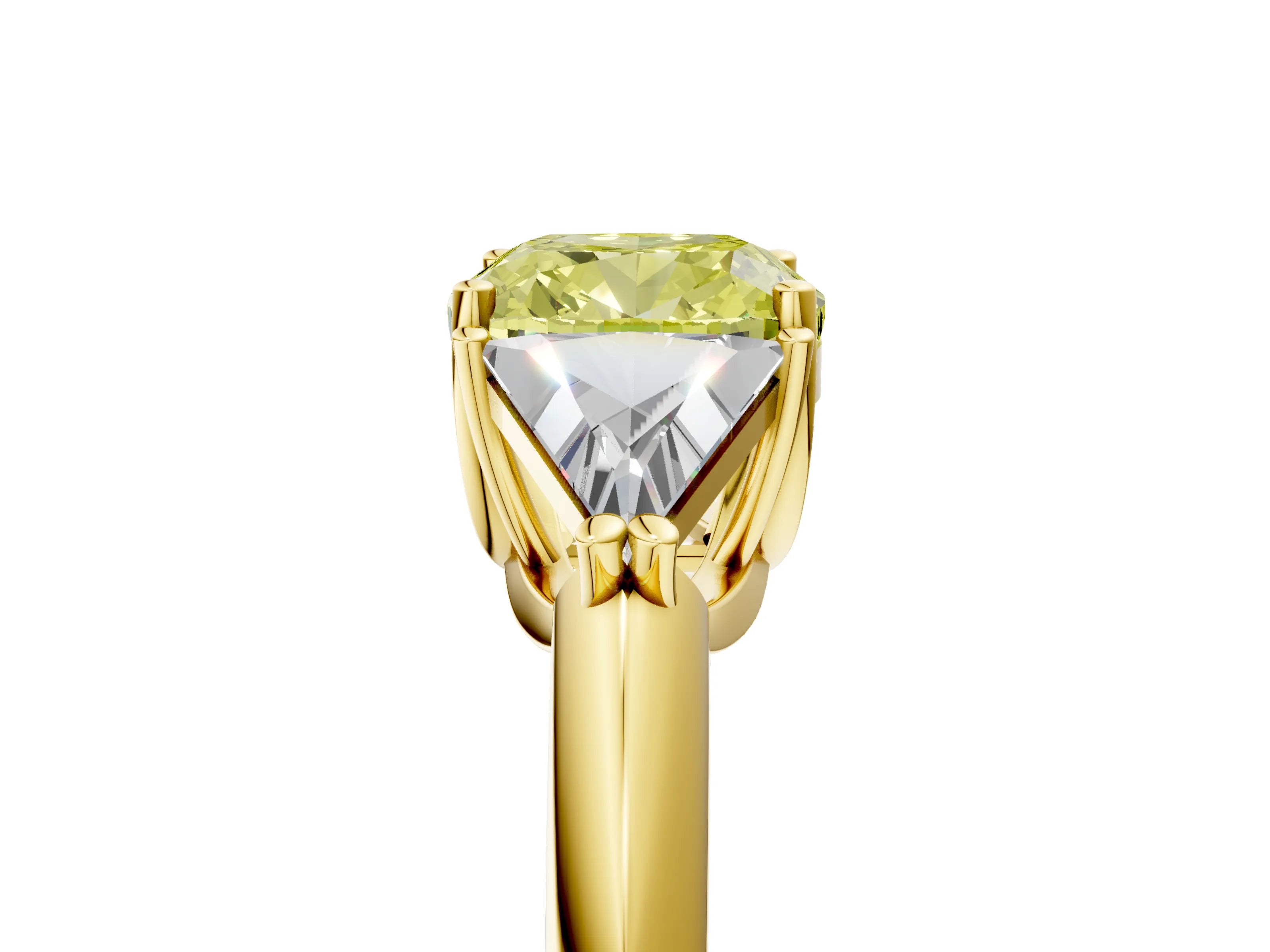 Yellow gold Three-Stone Fancy Yellow Cushion Cut Cut Diamond Ring with Trillion Side Stones and Four-Prong Setting_8