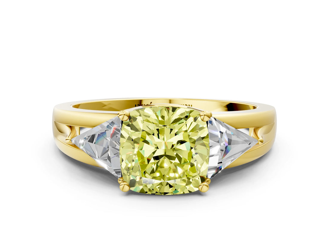 Yellow gold Three-Stone Fancy Yellow Cushion Cut Cut Diamond Ring with Trillion Side Stones on a Split Shank Band
