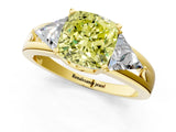 Yellow gold Three-Stone Fancy Yellow Cushion Cut Cut Diamond Ring with Trillion Side Stones on a Split Shank Band_1