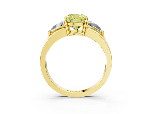 Yellow Gold Cushion Cut Split Shank Three Stone Engagement Ring Setting for Fancy Yellow Center