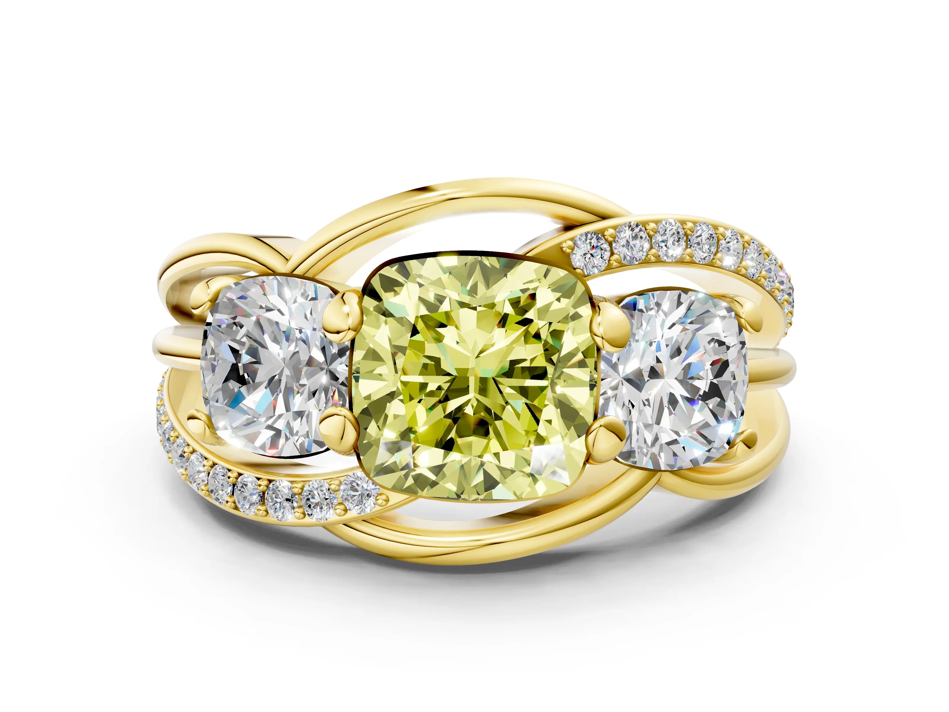 Yellow gold Three-Stone Fancy Yellow Cushion Cut Cut Diamond Split Shank Prong Set Ring
