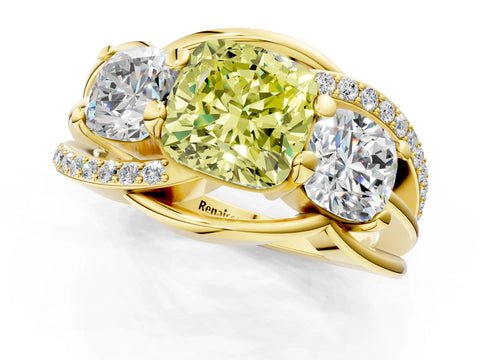 Yellow gold Three-Stone Fancy Yellow Cushion Cut Cut Diamond Split Shank Prong Set Ring_1