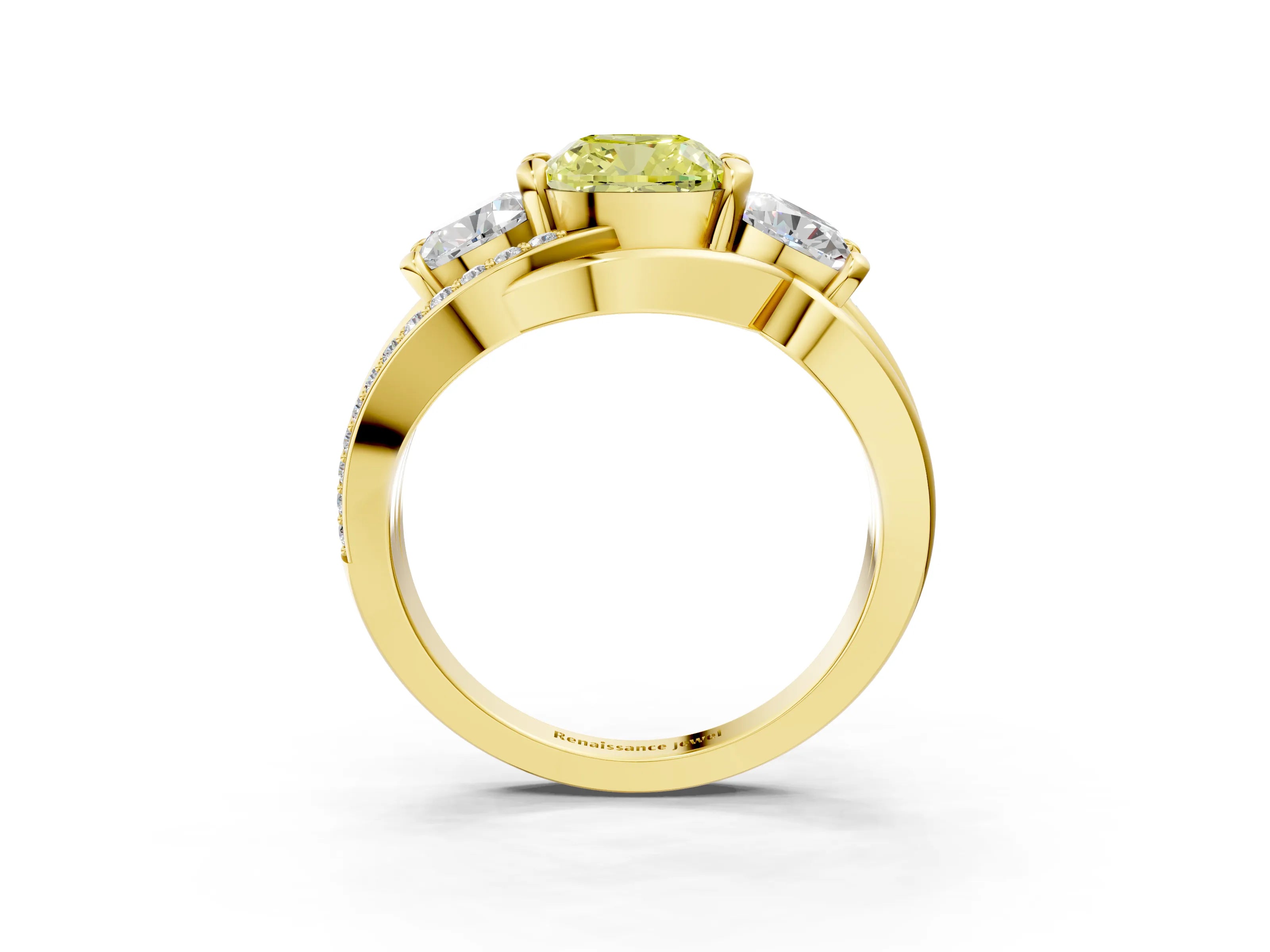 Yellow gold Three-Stone Fancy Yellow Cushion Cut Cut Diamond Split Shank Prong Set Ring_3