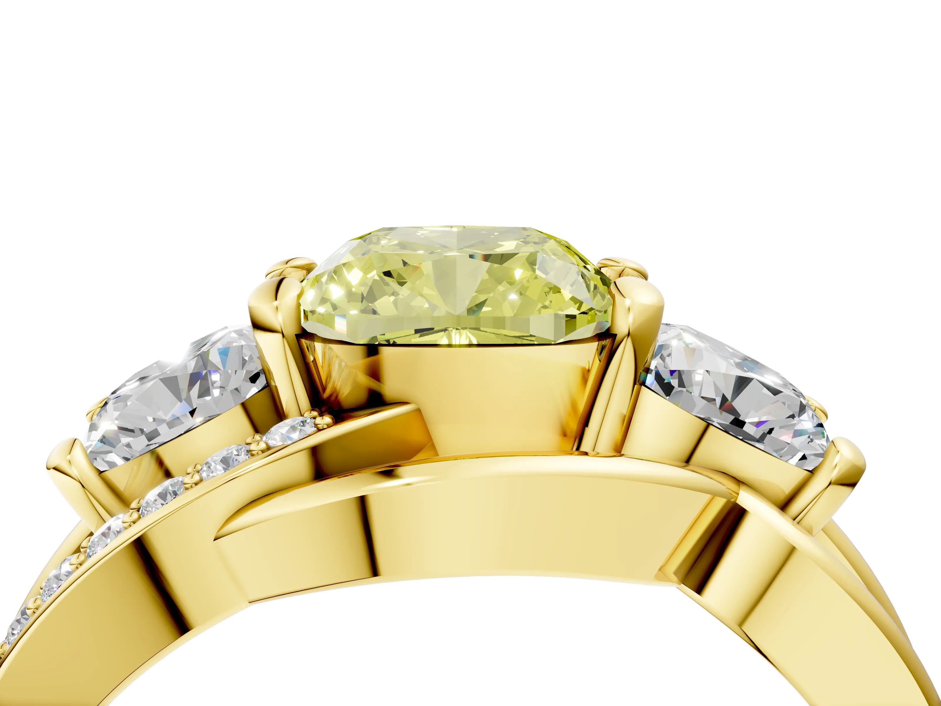 Yellow gold Three-Stone Fancy Yellow Cushion Cut Cut Diamond Split Shank Prong Set Ring_4