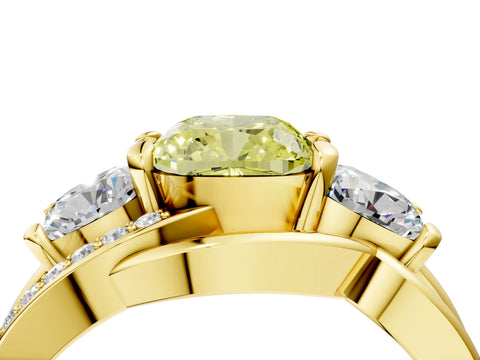 Yellow gold Three-Stone Fancy Yellow Cushion Cut Cut Diamond Split Shank Prong Set Ring_4