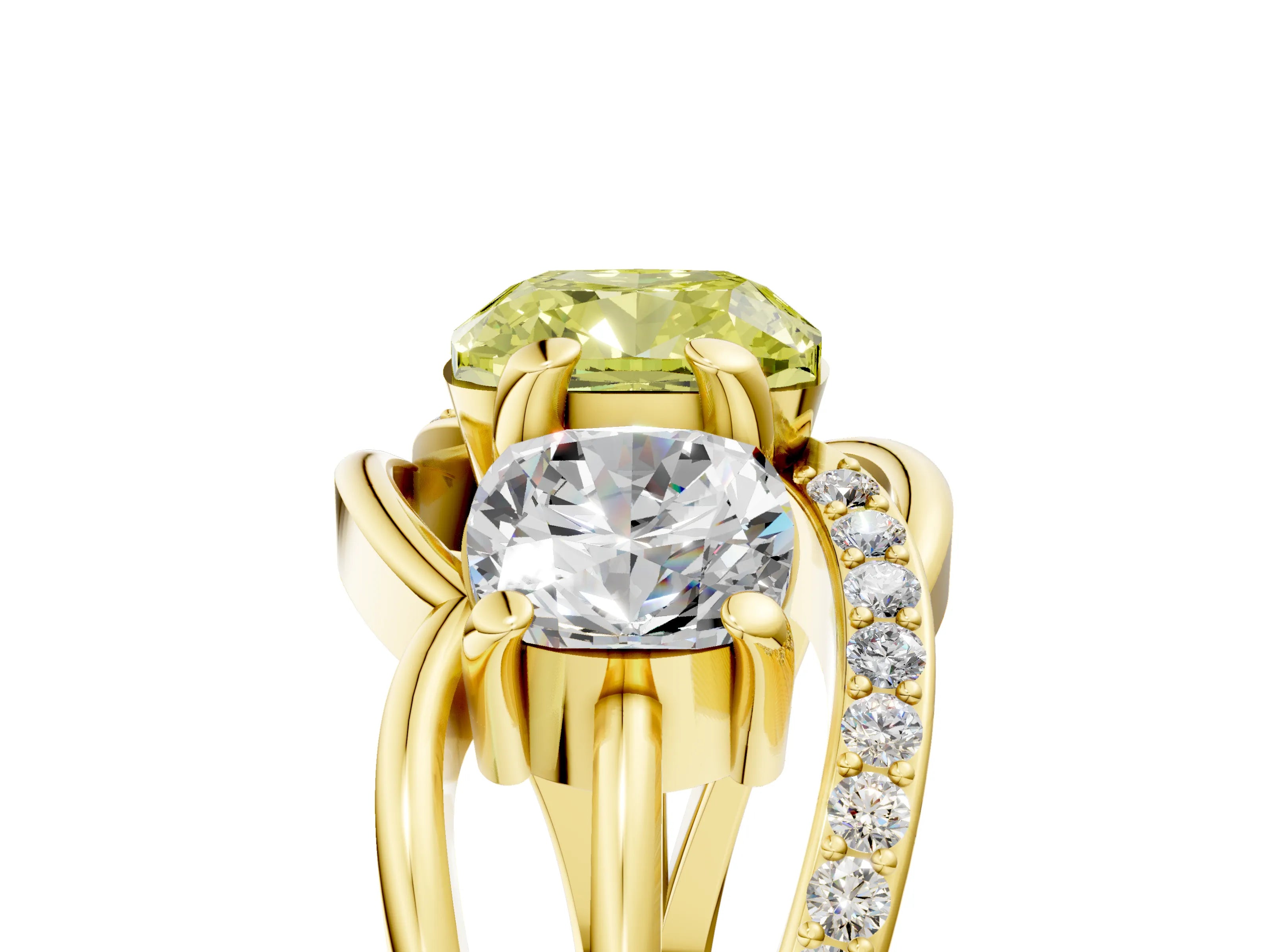 Yellow gold Three-Stone Fancy Yellow Cushion Cut Cut Diamond Split Shank Prong Set Ring_5
