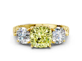 Yellow gold Three-Stone Fancy Yellow Cushion Cut Cut Milgrain Band Prong Setting Ring
