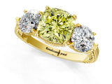 Yellow gold Three-Stone Fancy Yellow Cushion Cut Cut Milgrain Band Prong Setting Ring_1