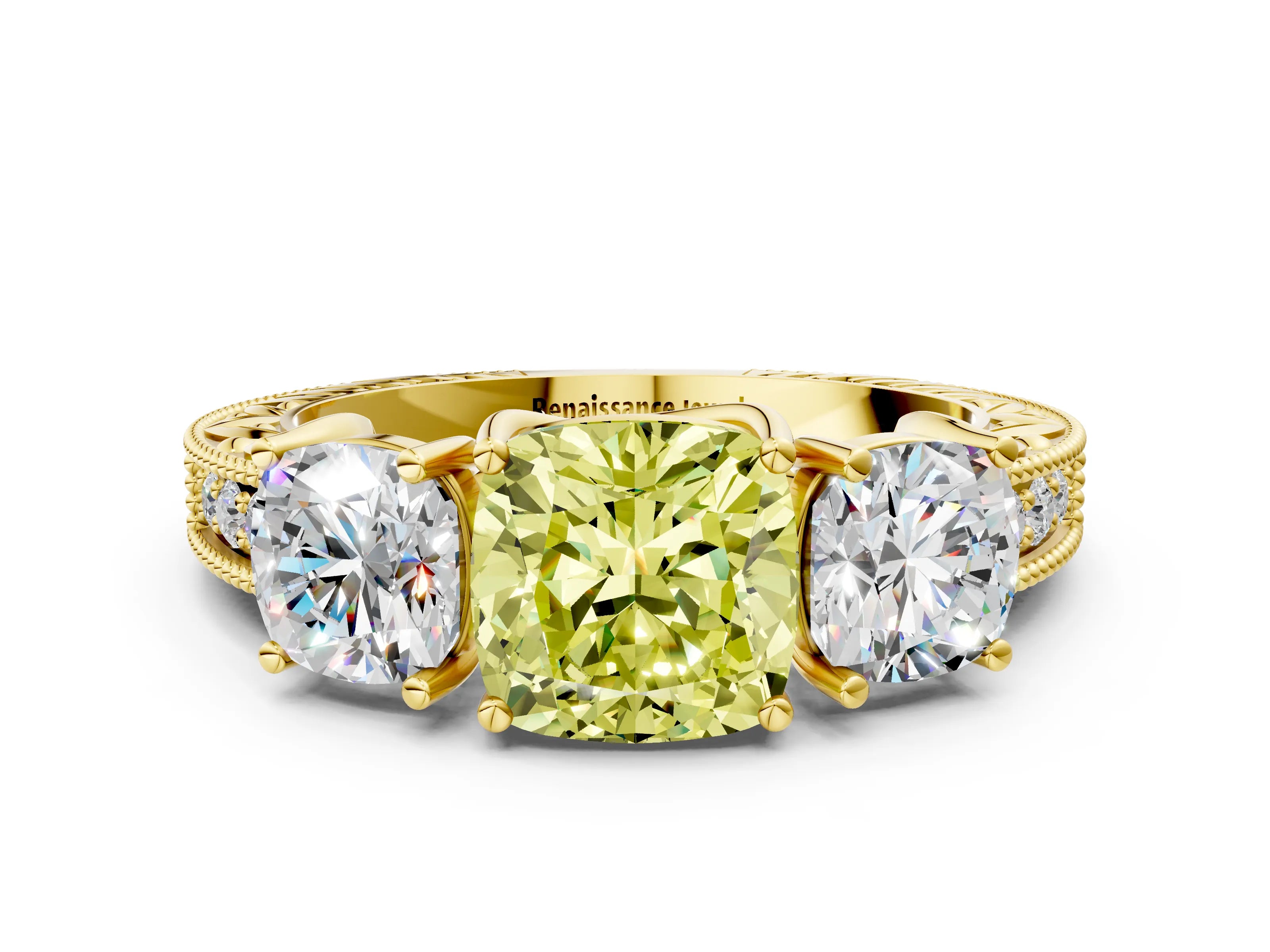 Yellow gold Three-Stone Fancy Yellow Cushion Cut Cut Milgrain Pavé Engagement Ring