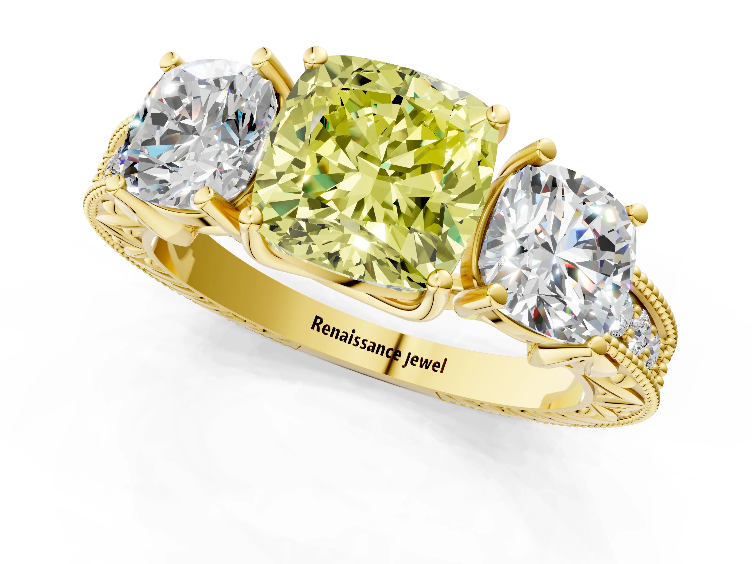 Yellow gold Three-Stone Fancy Yellow Cushion Cut Cut Milgrain Pavé Engagement Ring_1