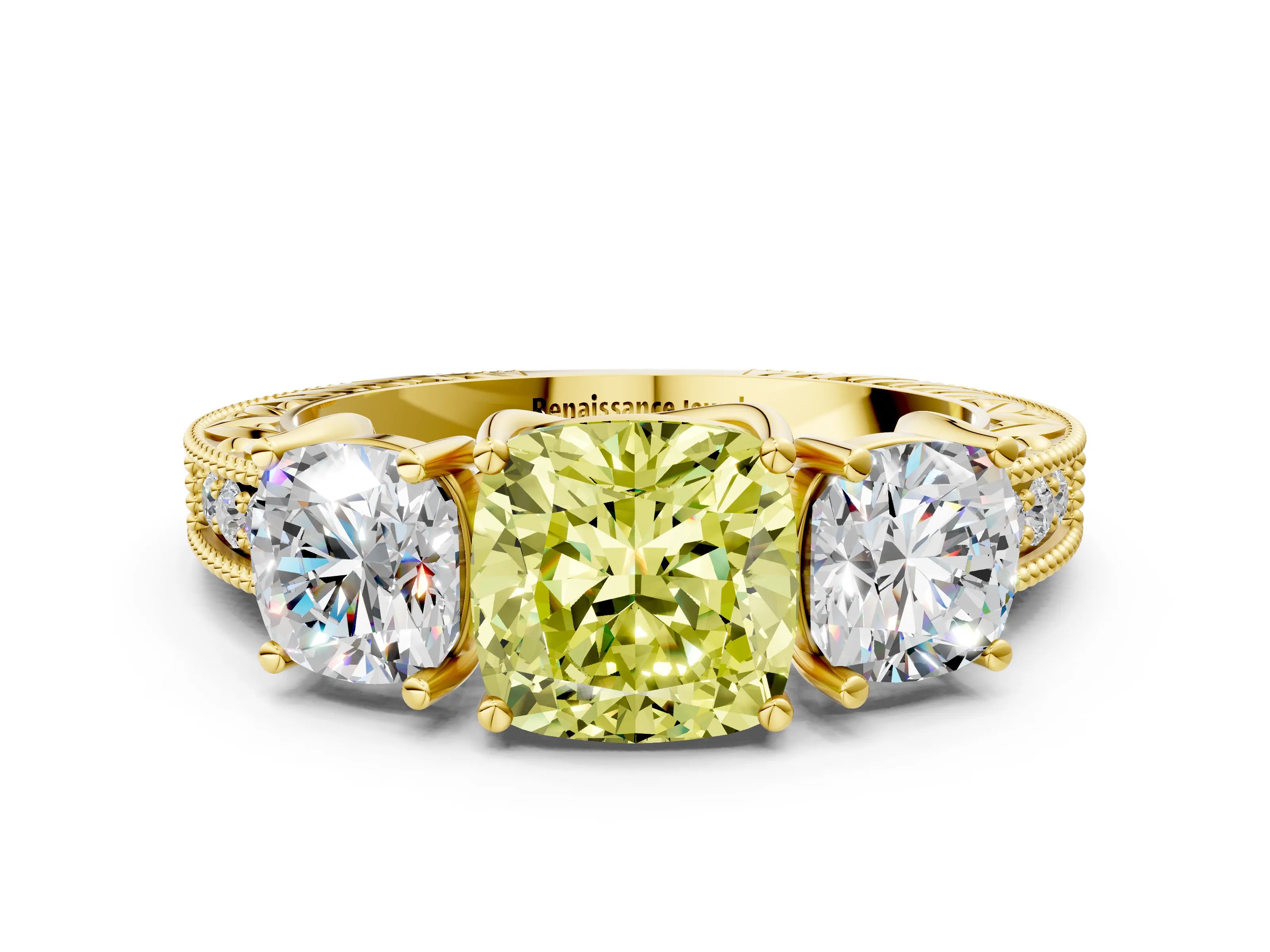 Yellow gold Three-Stone Fancy Yellow Cushion Cut Cut Milgrain Pavé Engagement Ring_12