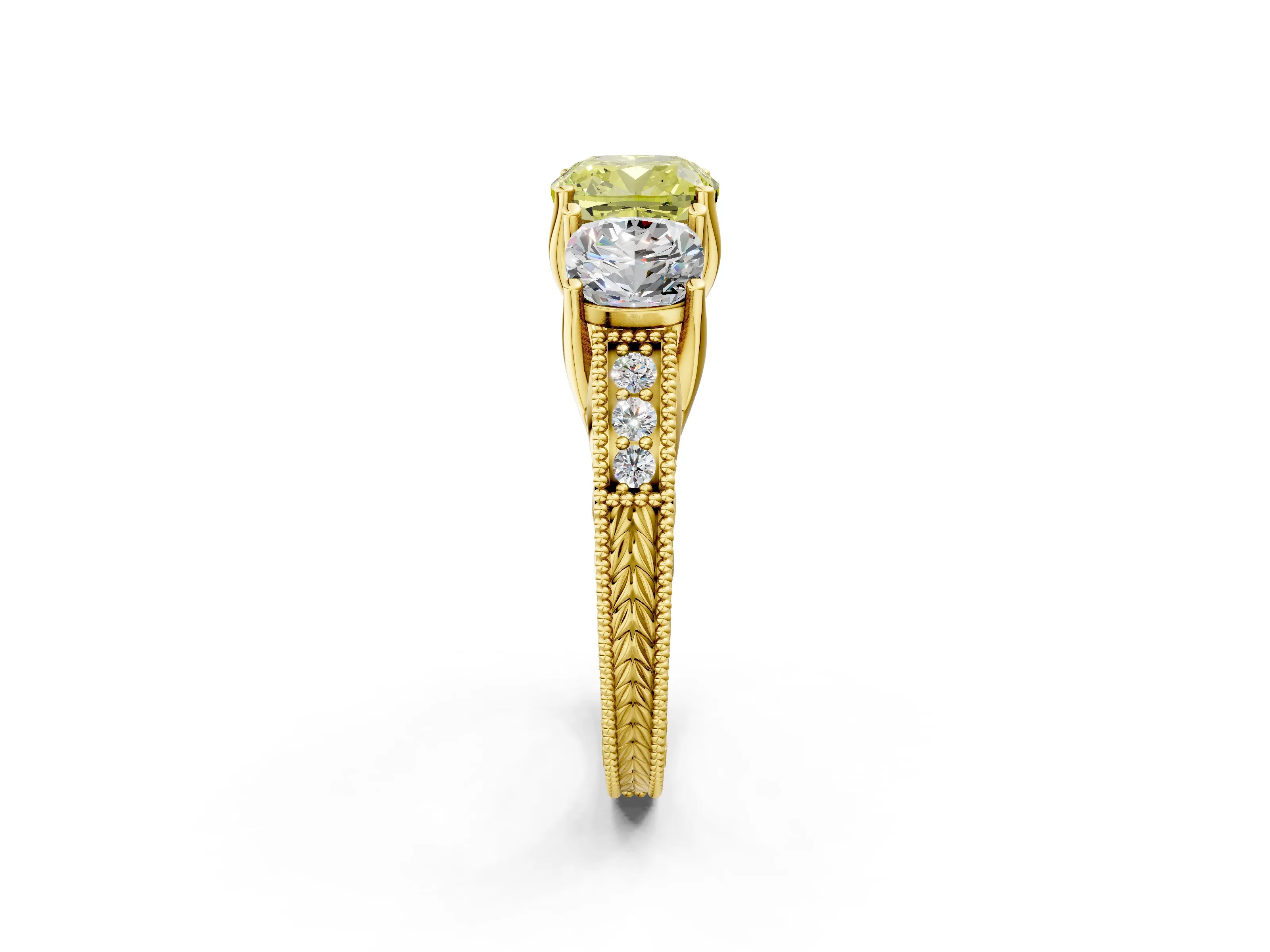 Yellow gold Three-Stone Fancy Yellow Cushion Cut Cut Milgrain Pavé Engagement Ring_14