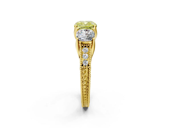Yellow Gold Cushion Cut Engraved Three Stone Engagement Ring Setting for Fancy Yellow Center