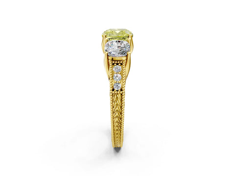 Yellow gold Three-Stone Fancy Yellow Cushion Cut Cut Milgrain Pavé Engagement Ring_14