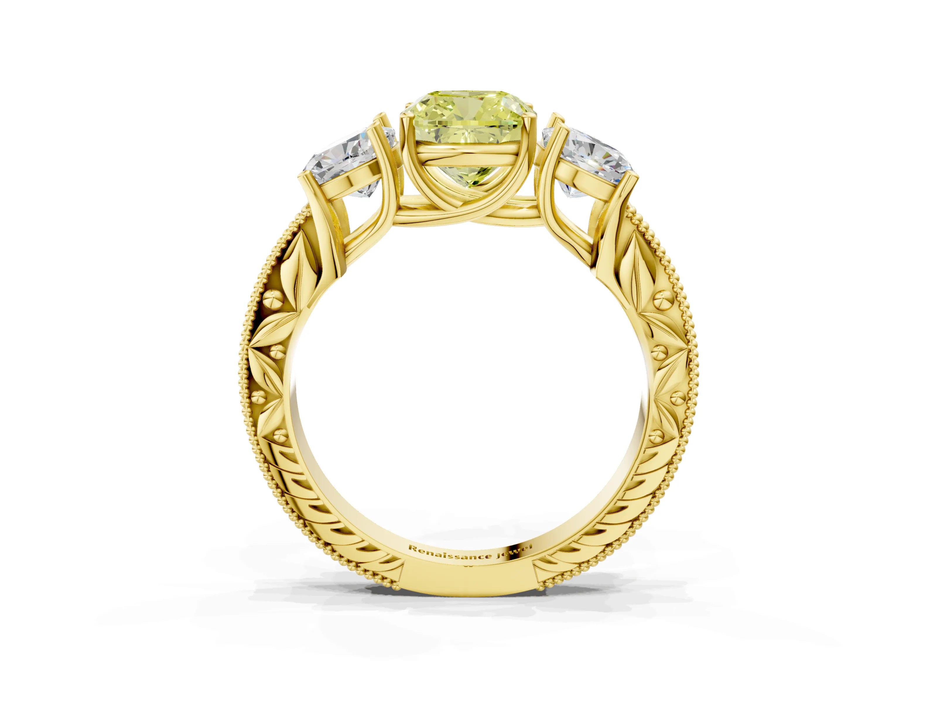 Yellow gold Three-Stone Fancy Yellow Cushion Cut Cut Milgrain Pavé Engagement Ring_15