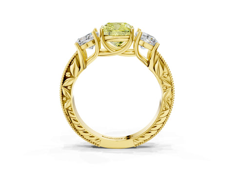 Yellow gold Three-Stone Fancy Yellow Cushion Cut Cut Milgrain Pavé Engagement Ring_15