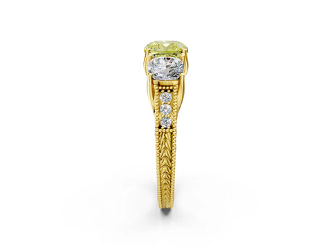Yellow gold Three-Stone Fancy Yellow Cushion Cut Cut Milgrain Pavé Engagement Ring_2