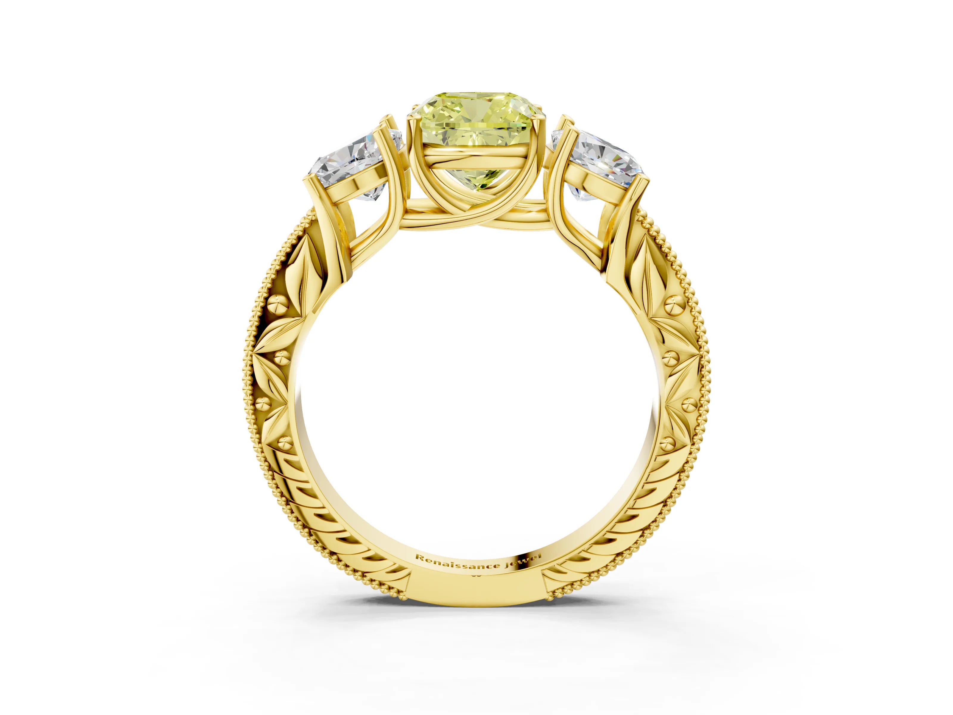 Yellow gold Three-Stone Fancy Yellow Cushion Cut Cut Milgrain Pavé Engagement Ring_3