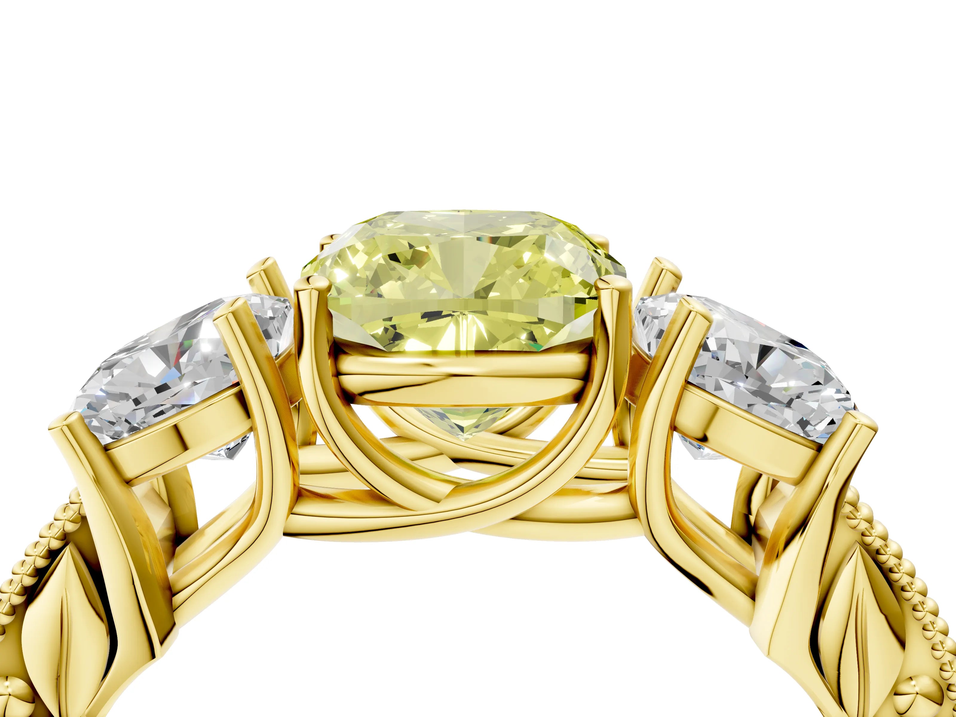 Yellow gold Three-Stone Fancy Yellow Cushion Cut Cut Milgrain Pavé Engagement Ring_4
