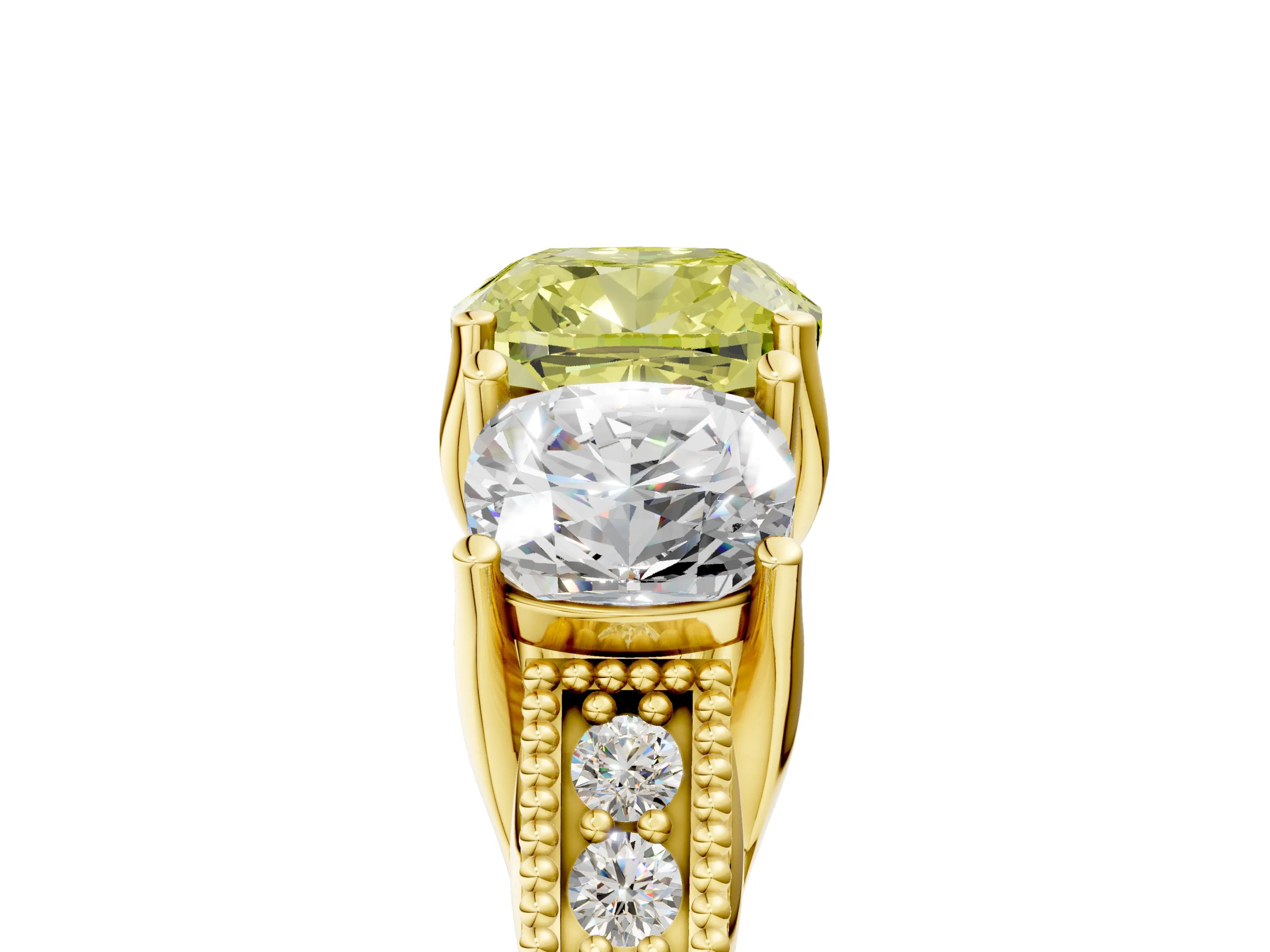 Yellow gold Three-Stone Fancy Yellow Cushion Cut Cut Milgrain Pavé Engagement Ring_5