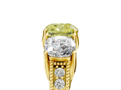 Yellow gold Three-Stone Fancy Yellow Cushion Cut Cut Milgrain Pavé Engagement Ring_5