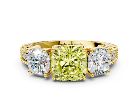 Yellow gold Three-Stone Fancy Yellow Cushion Cut Cut Milgrain Pavé Engagement Ring