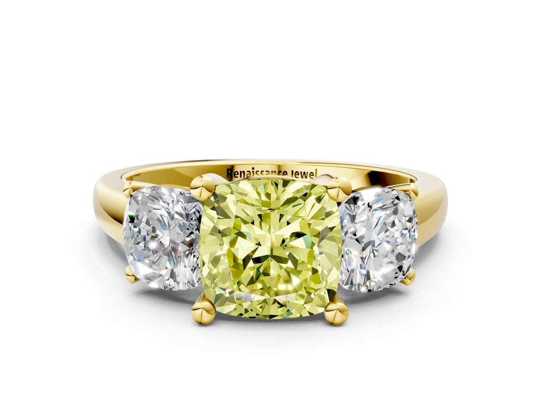 Yellow gold Three-Stone Fancy Yellow Cushion Cut Cut Solitaire Ring with Classic Prong Setting