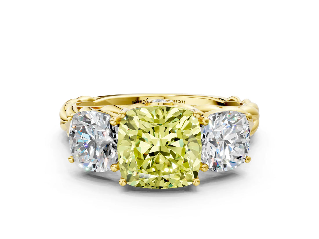 Yellow gold Three-Stone Fancy Yellow Cushion Cut Diamond Braided Band Ring with Four-Prong Setting_37