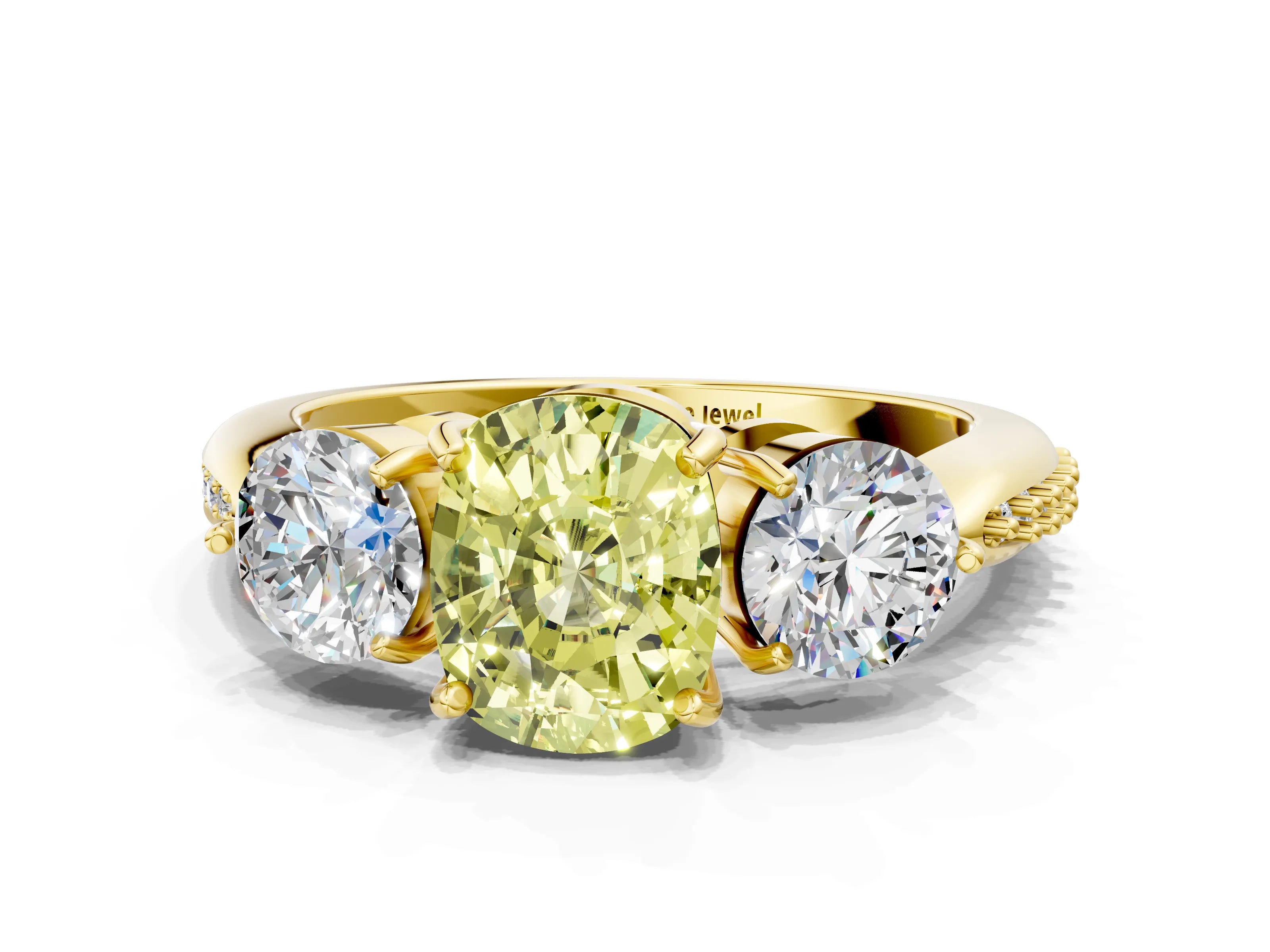 Yellow gold Three-Stone Fancy Yellow Cushion Cut Diamond Channel Set Engagement Ring with Prong Setting