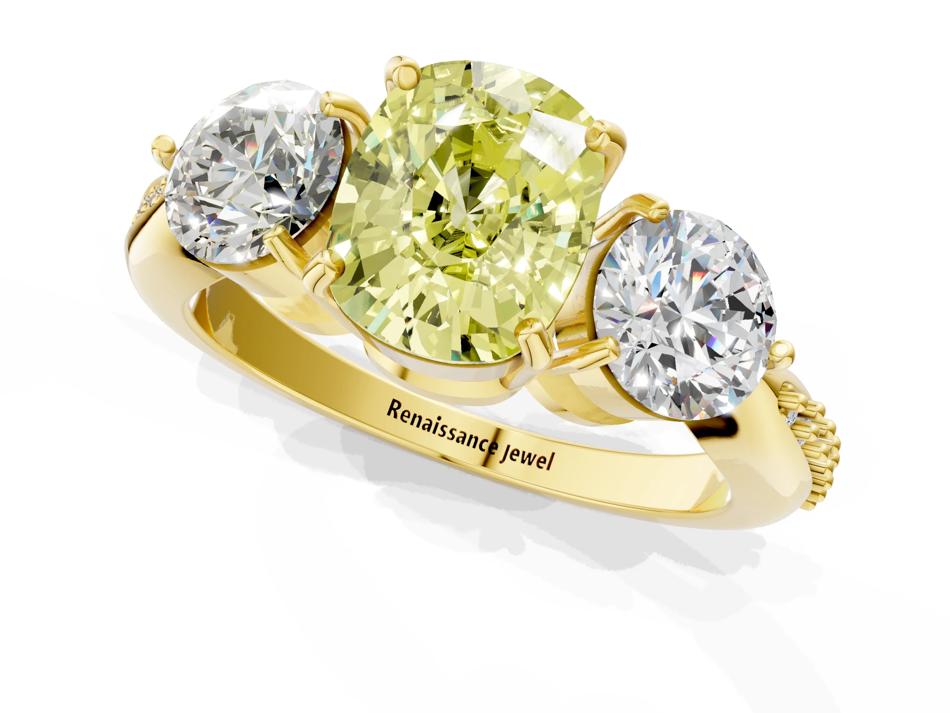 Yellow gold Three-Stone Fancy Yellow Cushion Cut Diamond Channel Set Engagement Ring with Prong Setting_1