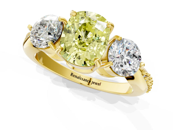 Yellow gold Three-Stone Fancy Yellow Cushion Cut Diamond Channel Set Engagement Ring with Prong Setting