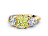 Yellow gold Three-Stone Fancy Yellow Cushion Cut Diamond Channel Set Engagement Ring with Prong Setting_12