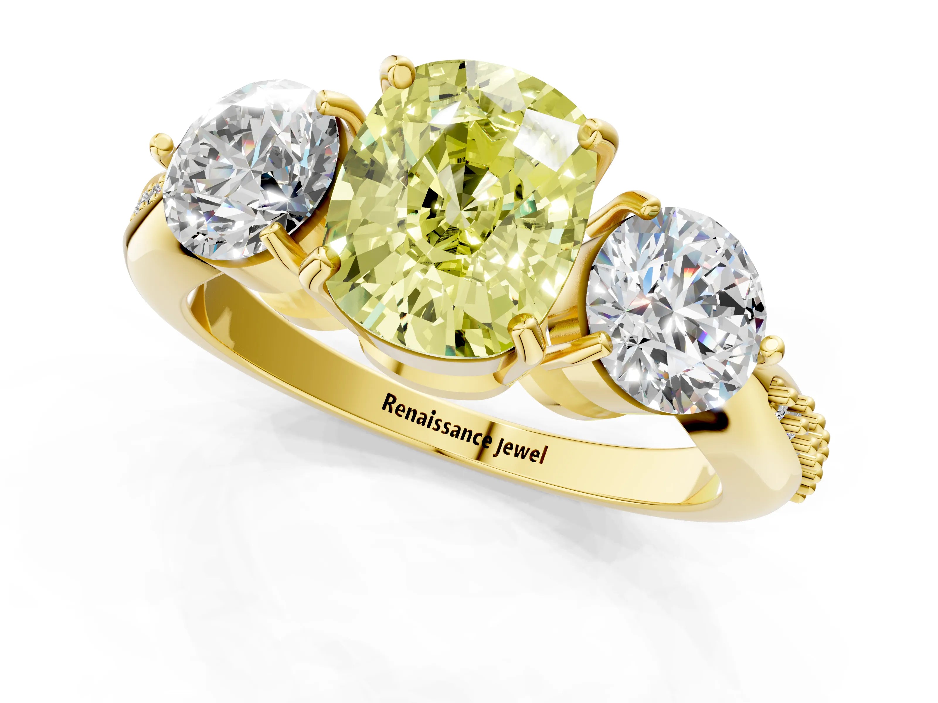 Yellow gold Three-Stone Fancy Yellow Cushion Cut Diamond Channel Set Engagement Ring with Prong Setting_13