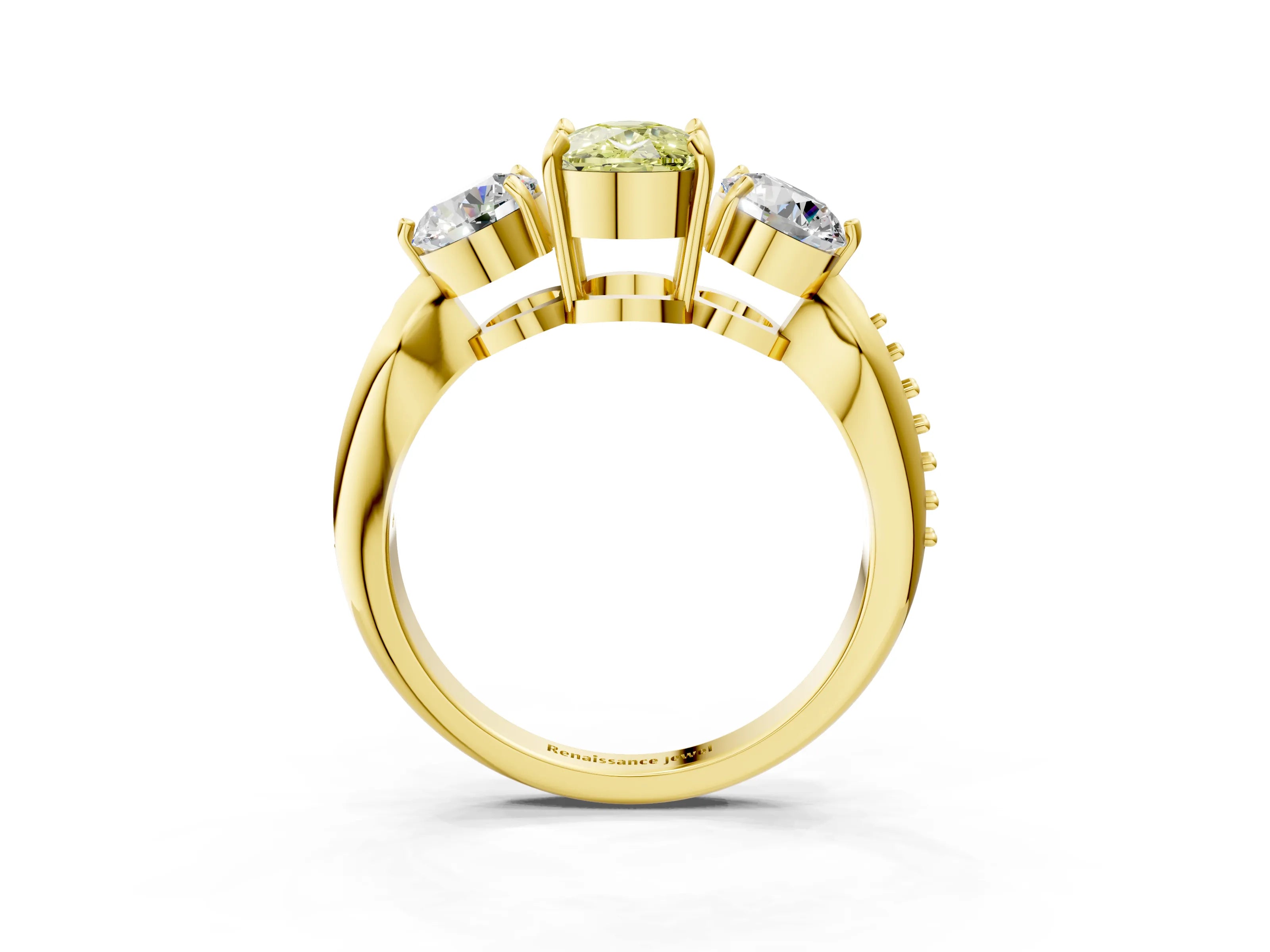 Yellow gold Three-Stone Fancy Yellow Cushion Cut Diamond Channel Set Engagement Ring with Prong Setting_15
