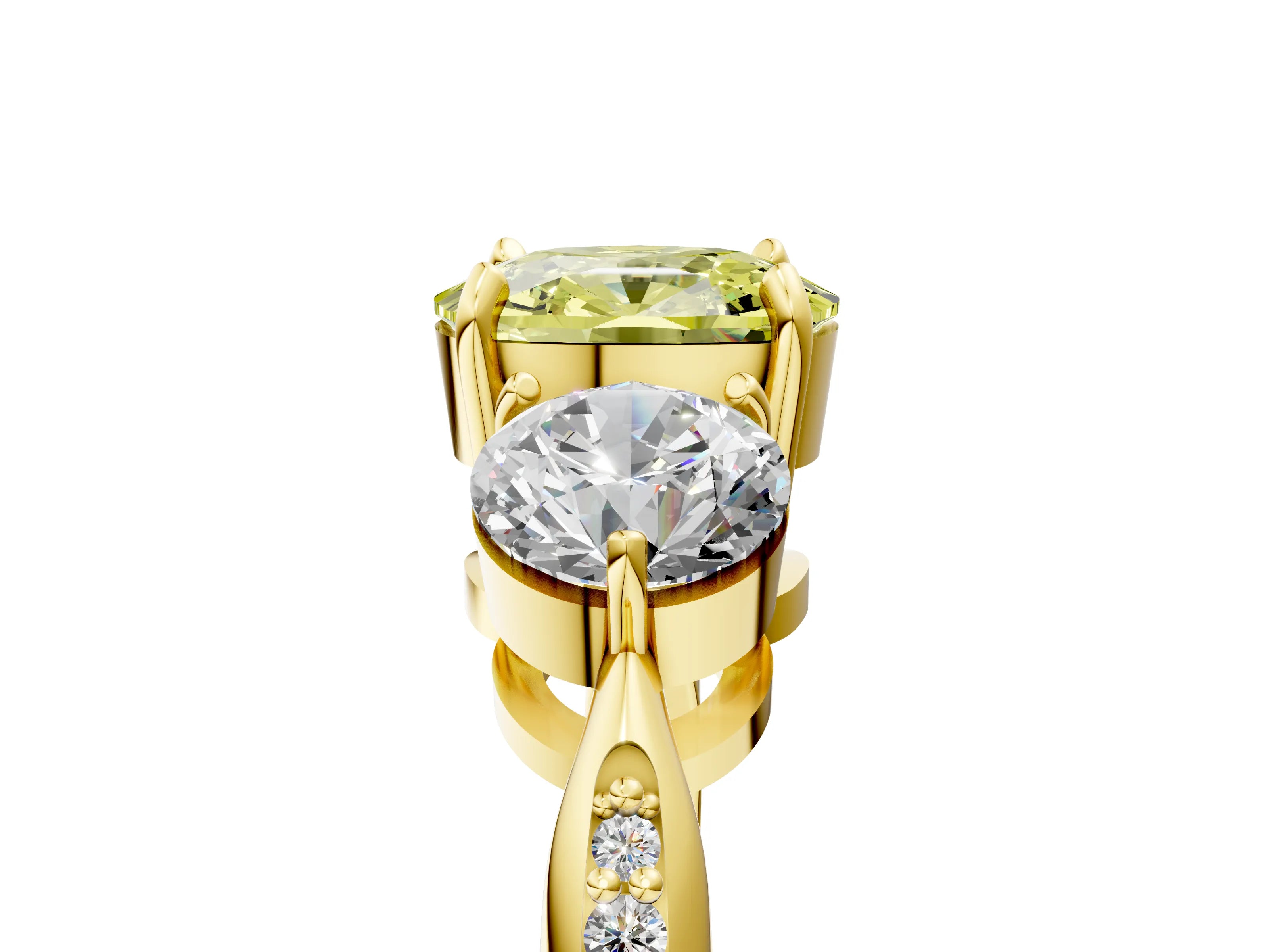 Yellow gold Three-Stone Fancy Yellow Cushion Cut Diamond Channel Set Engagement Ring with Prong Setting_17