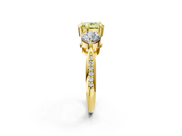 Yellow gold Three-Stone Fancy Yellow Cushion Cut Diamond Channel Set Engagement Ring with Prong Setting